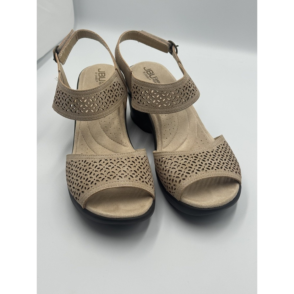 JBU by Jambu Sandals Womens 9 M Toledo Wedge Heel Beige Faux Leather Memory Foam